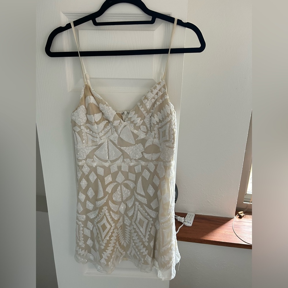 Beige & White Sequined Spaghetti Strap Dress